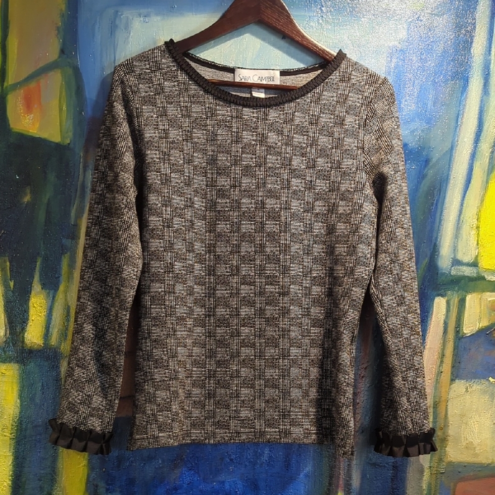 Sara Campbell Woven Check Print Long Sleeve Top W/ Ribbon Ruffle Trim Detail Med